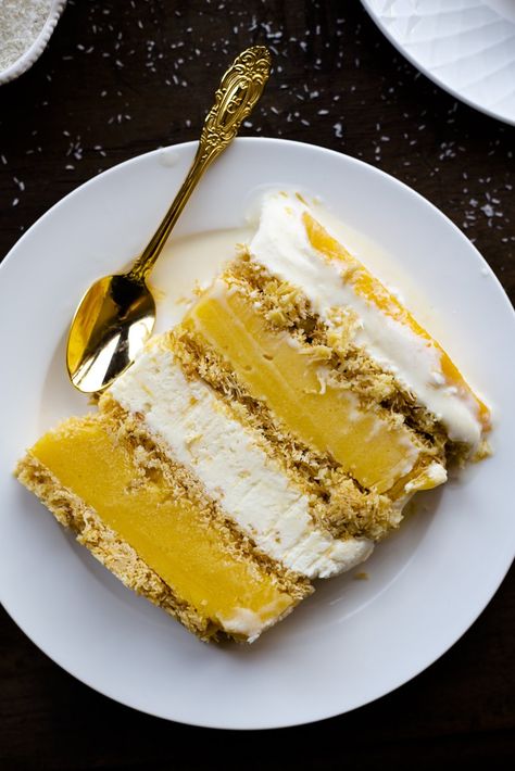 Kataifi Mango Coconut Ice Cream Cake — Antoniou Fillo Pastry Mango Ice Cream Cake, Freezer Desserts Recipes, Tropical Ice Cream, Kataifi Pastry, Freezer Desserts, Cake Coconut, Tropical Desserts, Ice Cream Cake Recipe, Mango Ice Cream