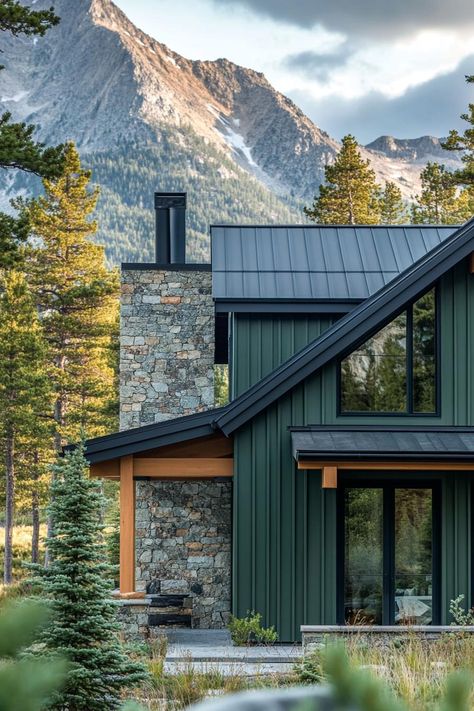 Dark Gray Mountain House Exterior, Pnw Craftsman Home, Mountain House Siding Ideas Exterior, Benjamin Moore Mountain Moss, Pacific Northwest House Exterior, Modern Ranch Exterior Colors, Rustic Modern Ranch House Exterior, Nordic Mountain House, Mountain Modern Exterior Architecture