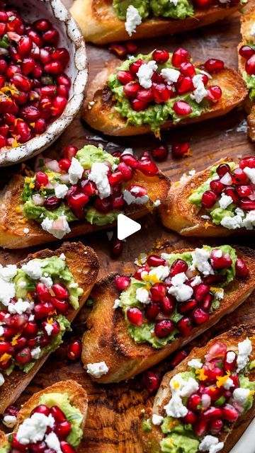 Jamie Vespa MS, RD on Instagram: "Mini avocado toasts topped with sweet and zesty pomegranate salsa and goat cheese. A simple, yet super festive holiday appetizer or brunch option! Here’s what you need: ▢ pomegranate arils ▢ minced shallots ▢ finely chopped fresh parsley ▢ white balsamic vinegar ▢ minced fresh jalapeño ▢ orange zest + juice ▢ avocados ▢ fresh lemon or lime juice ▢ 1 baguette ▢ extra-virgin olive oil ▢ crumbled goat cheese . . For the full recipe, comment “Recipe please” below and I’ll DM you the link! You can also tap the link in my bio. . . #dishingouthealth #appetizers #easyappetizers #holidayrecipes #healthyrecipes #hosting #avocadotoast" Avocado Crostini Appetizers, Avocado Toast Appetizer Party, Mini Avocado Toast, Pomegranate Salsa, Party Canapes, Crumbled Goat Cheese, Avocado Toasts, Toasted Crostini, White Balsamic