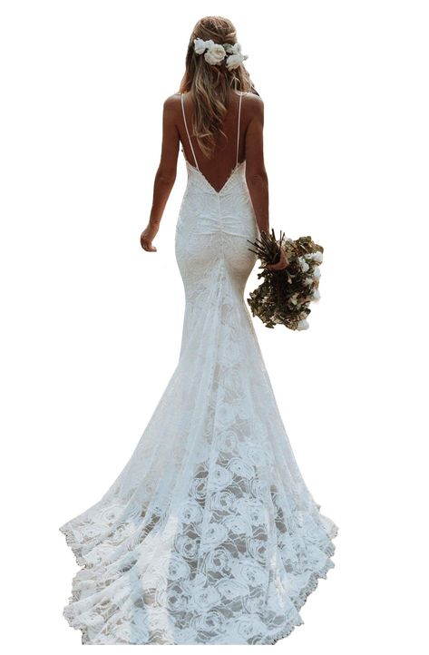 Bridal Dresses Mermaid, Strap Wedding Dress, Backless Mermaid Wedding Dresses, Ivory Bridal Gown, Dresses For Bride, Beach Wedding Dresses, Bridal Dresses Lace, Wedding Dresses With Straps, Wedding Dress Train