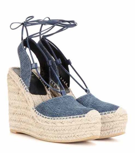 Denim espadrille wedge sandals | Saint Laurent Wedge Sandals Outfit, Denim Wedges, Saint Laurent Denim, Blue Wedge Sandals, Denim Espadrilles, Womens Espadrilles Wedges, Blue Espadrilles, Espadrilles Shoes, Yves Saint Laurent Shoes