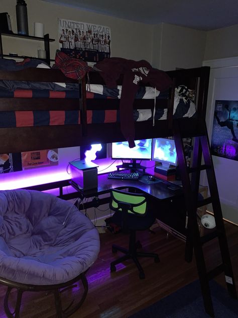 Under Loft Bed, Cool Bedrooms For Boys, Gaming Bedroom, Gamer Bedroom, Boys Bedroom Makeover, Boy Bedroom Design, Chill Room, Bedroom Setup, Gaming Room Setup