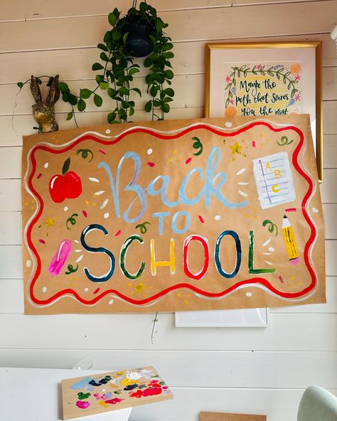 Giant Banners Recycled paper banners, I paint, roll and post - you just provide the blue tac! You know what to do 👏🏻🫶🍋 Clair x #eventdecor #backtoschool #firstdayatschool #babygirl #babyboy #firstbirthday #celebration #handlettering Back To School Painted Sign, Welcome Back To School Painted Banner, Painted Banner School, Back To School Brown Paper Banner, Teacher Banner Classroom Decor, Back To School Paper Banner, Back To School Hand Painted Banner, Back To School Decoration Ideas For Home, Welcome Back To School Posters Ideas