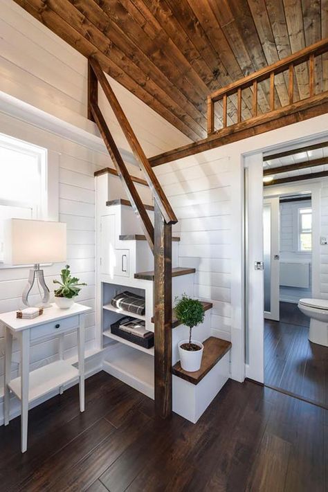 Staircase - Custom Loft Edition by Mint Tiny Homes Loft Stairs Ideas, Apartemen Studio, House Bathroom Designs, Tiny House Company, Tiny House Stairs, Tiny House Interior Design, Loft Stairs, Tiny House Loft, Best Tiny House