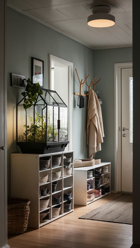 Welcome guests into your home with this beautifully styled entryway featuring a stunning terrarium atop a HEMNES shoe cabinet. The addition of a KNIPPE coat rack and TRONES shoe/storage unit keeps everything organized while adding a modern touch. A charming BJÖRKSTA picture frame brings personality to the space, and the soft glow from a NYMÅNE ceiling light creates an inviting atmosphere. Ready to elevate your entryway? Discover how to blend functionality with style! #EntrywayDecor #IKEAStyle #HomeOrganization Guest Coat Rack Entryway, Styled Entryway, Coat Rack Entryway, Hemnes Shoe Cabinet, Stylish Entryway, Shoe Storage Unit, Shoe Cabinet, Shoe Storage, Storage Unit