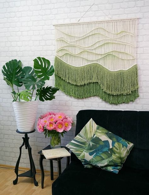 Dyed Macrame, Macrame Tapestry, Macrame Knots Pattern, Woven Wall Art, Macrame Wall Art, Glass Bottle Crafts, Macrame Hanging, Wall Carpet, Green Theme