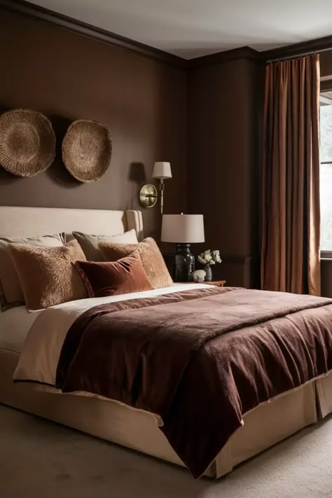 34 Bedroom Color Ideas to Transform Your Personal Space Brown Bedroom Walls Ideas, Hotel Room Color Scheme, Mushroom Color Bedroom, Brown Cozy Bedroom, Brown Wall Bedroom, Brown Walls Bedroom, Dark Brown Bedroom Ideas, Chocolate Bedroom Ideas, Brown Bedroom Walls