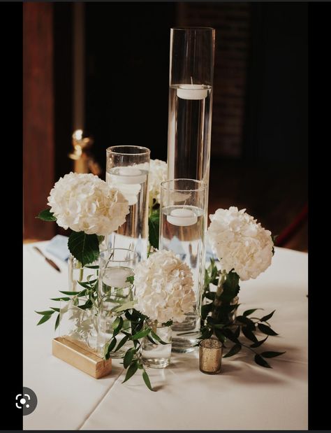 Cylinder Vase Centerpiece Wedding, Vases With Floating Candles, Cylinder Vase Centerpiece, Cylinder Centerpieces, Gala Centerpieces, Hydrangea Vase, Wedding Candles Table, Vase Centerpiece, Candle Table Decorations