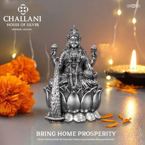 One of the eight avatars of Goddess Lakshmi, presenting Silver Hallmarked Divine Idol portraying Goddess Dhanyalakshmi to shower prosperity and wealth at your home. Silver Statue, Silver Pooja Items, Rangoli Designs Flower, Radha Krishna Images, Goddess Lakshmi, Gold Earrings Designs, Krishna Images, Rangoli Designs, Designer Earrings