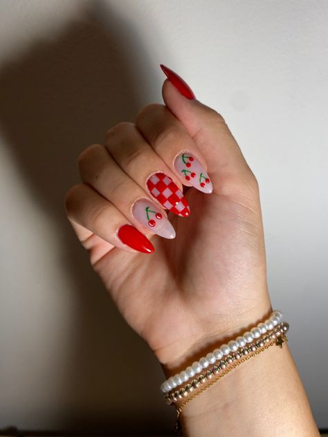 Nails with red cherry design Cherry Nails Acrylic Black, Cherry Spring Nails, Red And Cherry Nails, Hot Pink Cherry Nails, Cherry Checker Nails, Checkered Cherry Nails, Red Checker Nails, Cherry Nails Almond Shape, Summer Nail Ideas Gel Design