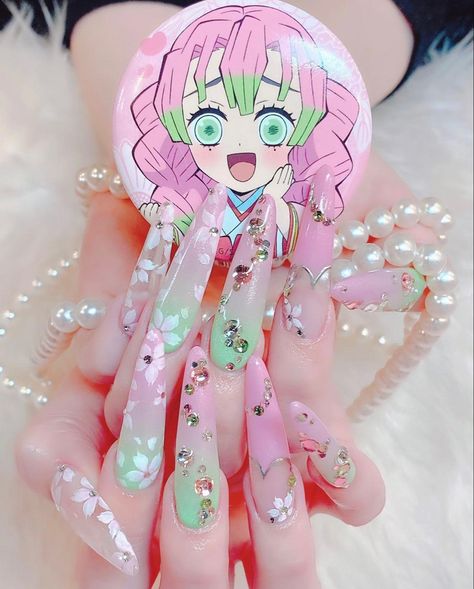 Kawaii Anime Nails, Mitsuri Nails Demon Slayer, Mitsuri Nails Design, Mitsuri Kanroji Nails, Uñas Demon Slayer, Shinobu Nails, Demon Slayer Inspired Nails, Mitsuri Nails, Pink And Green Nail Art