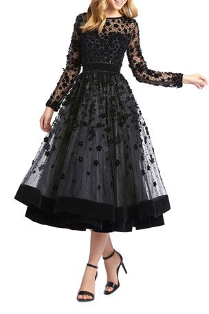 TZJF7 Mac Duggal Long-Sleeve Tea-Length Floral Applique Cocktail Dress Applique Cocktail Dress, Class Dress, Mac Duggal Dresses, Mac Duggal, High Neck Long Sleeve, Review Dresses, Dresses Elegant, Fesyen Wanita, Mother Of The Bride Dresses