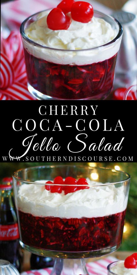 Cherry Coca-Cola Jello Salad - southern discourse Strawberry Fruit Salad Recipe, Cherry Pineapple Jello Salad, Coca Cola Salad, Cherry Coke Salad Recipe, Christmas Fruit Salad Recipes, Fizzy Jello, Cherry Coke Jello Salad, Jello Deserts Ideas Easy Recipes, Jello Salad Recipes With Cream Cheese