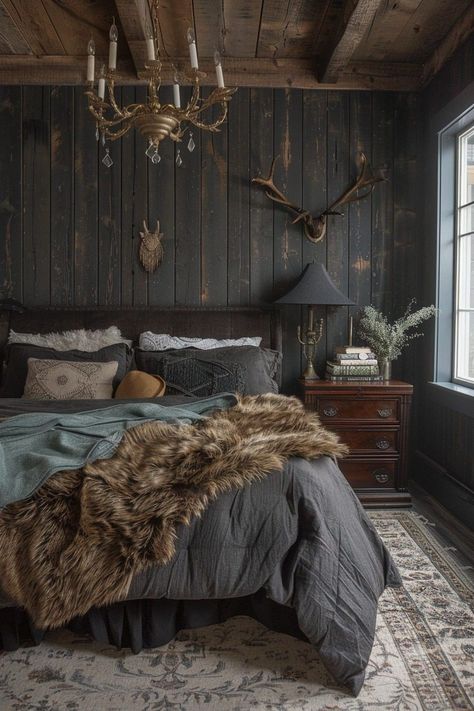 Dark Wood Wall Bedroom, Wooden Cabin Decor, Dark Wood Interior Design Bedroom, Moody Dark Bedroom Ideas, Viking Style Home Decor, Cabin Bedroom Colors, Forest Cabin Bedroom, Moody Cabin Bedroom, Forest Witch Decor