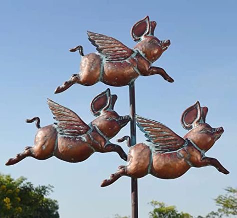 Metal Flying Pigs Spinner Bronze Finish Kinetic Wind Sculpture, Pets and Farm Animals Sculptures & Statues Decoration for Yard, Patio, Lawn CLYB Outdoor Decorative Stake 90" x 32" Kinetic Wind Sculpture, Flying Pigs, Cottage Farm, Wind Sculptures, Weather Vanes, Front Lawn, Flying Pig, Outdoor Statues, Family Outdoor