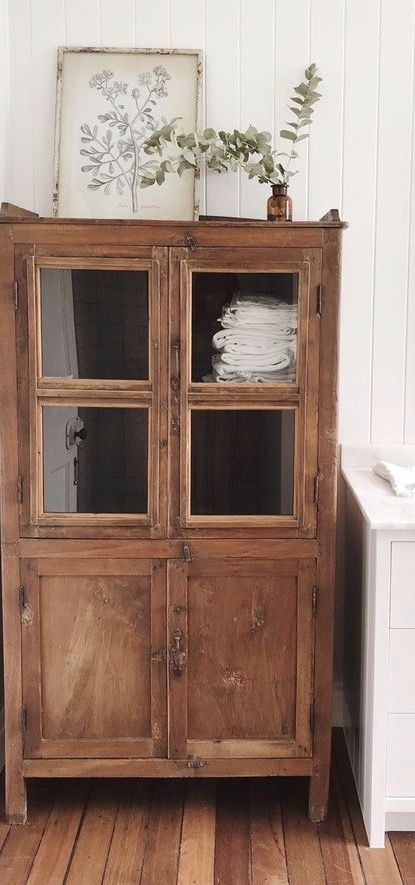 Tall Antique Cabinet, Antique Cupboard In Bathroom, Bathroom Vintage Cabinet, Antique Cabinet In Bathroom, Armoire In Bathroom, Vintage Bathroom Storage, Bathroom Hutch, Westbury House, Cabinet Above Toilet