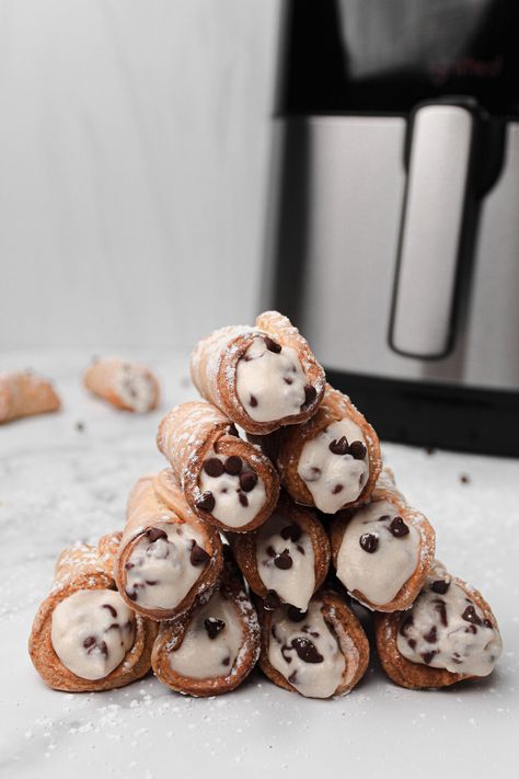 Air Fryer Cannolis | Sturbridge Bakery Cannoli Shell Recipe Air Fryer, Air Fryer Cannoli Shells, Air Fryer Cannoli, Sturbridge Bakery, Bday Treats, Cannoli Shells, Cannoli Filling, Cannoli Cream, Italian Pastries