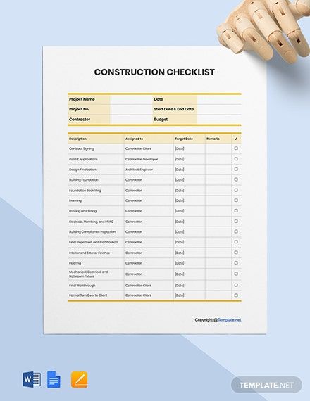 Instantly Download Free Printable Construction Checklist Template, Sample & Example in Microsoft Word (DOC), Google Docs, Apple (MAC) Pages Format. Available in A4 & US Letter Sizes. Quickly Customize. Easily Editable & Printable. Construction Checklist, Executive Resume Template, Construction Jobs, Project List, Checklist Template, Construction Management, Contract Template, Template Google, List Template