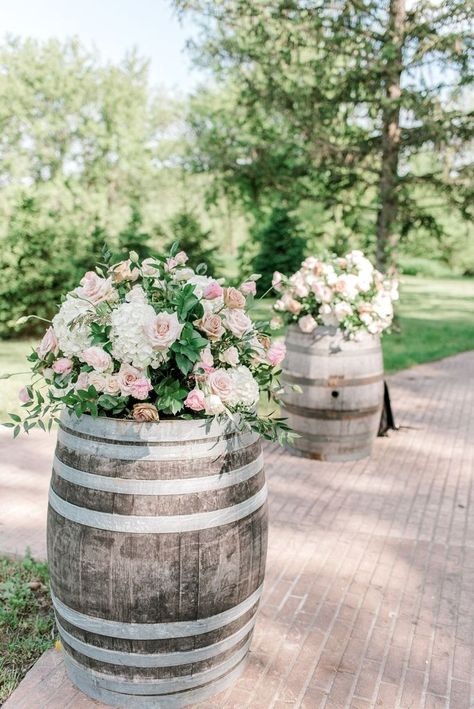 Barrel Flowers Wedding, Wine Barrel Wedding Flowers, Whiskey Barrel Flowers, Wine Barrel Wedding Decor, Aisle Decor Wedding, Barrel Wedding Decor, Wine Barrel Wedding, Barrel Flowers, Bloom Planner