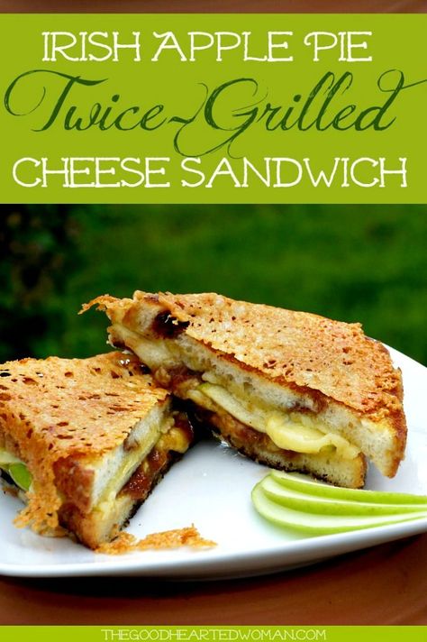 Irish Apple Pie Twice-Grilled Cheese Sandwich - Melted Dubliner cheese, tart apples, sweet apple butter, and cinnamon bread combine to make this amazing, award winning sandwich. | The Good Hearted Woman #grilledcheese  #sandwiches Apple And Cheese, Dubliner Cheese, Sandwich Melts, Amazing Vegetarian Recipes, Grill Cheese, St Patties, Sandwich Ideas, Cheese Tart, Cheesy Recipes