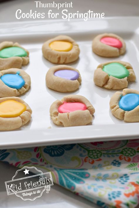 Iced Thumbprint Cookies Recipe, Thumbprint Cookies With Almond Extract, Thumbprint Cookies Recipe With Icing, Easter Thumbprint Cookies, Christmas Cookies For Kids, Thumbprint Cookies With Icing, Almond Thumbprint Cookies, Cookie Delight, Colorful Cookies