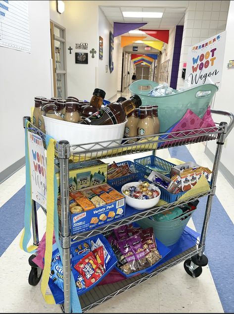 Snack Wagon Ideas, Nursing Home Snack Cart Ideas, Snack Carts For Teachers, Teacher Lounge Snacks, Snacks For Teachers Lounge, Teacher Appreciation Cart, Teacher Snack Cart Ideas, Snack Cart Ideas For Work, Office Snack Station Ideas