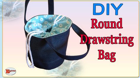 Round Bottom Bags Diy, Round Bottom Drawstring Bag, Denim Drawstring Bag Diy, Recycled Jeans Projects Diy, Round Drawstring Bag Diy, Denim Drawstring Bag, Round Bag Diy, Round Bag Pattern, Bucket Bag Diy