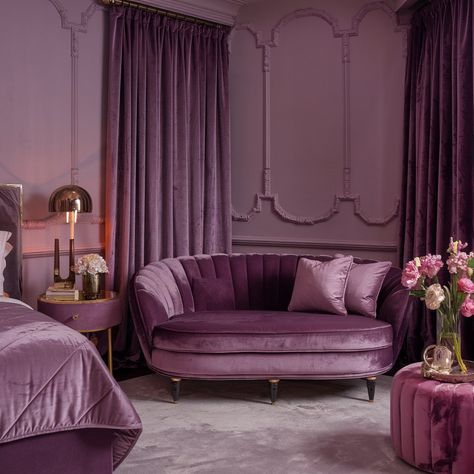 Step into a world of romance and sophistication with this luxurious bedroom, where rich dirty violet hues create an inviting atmosphere. Plush velvet furnishings exude opulence, while a chic, clean sofa in the corner beckons for cozy cuddles on chilly autumn evenings. Soft textures and a timeless design make this space the perfect retreat for intimate moments or relaxing with a good book. Elevate your home with this dreamy vibe that whispers elegance and warmth! 💜 #homedecor Lavender Couch, Cozy Cuddles, Moody Decor, Wardrobe Room, Clean Sofa, Luxurious Bedroom, Bedroom Sofa, Interior Ideas, Soft Textures