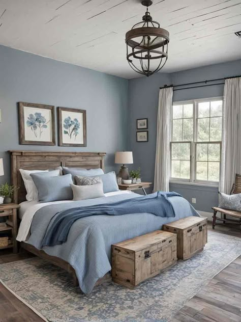 15+ Cozy Farmhouse Bedroom Ideas & Inspiration (With Pics) Farmhouse Bedroom Blue Bedding, Guest Bedroom Ideas Blue And Grey, Guest Bedroom Country Farmhouse Style, Master Bedrooms Decor Blue Walls, Blue Grey Wood Bedroom, Light Blue And Gray Bedroom Master, Blue Gray Guest Bedroom, Chambray Bedding Ideas, Bedroom Blue Gray Walls