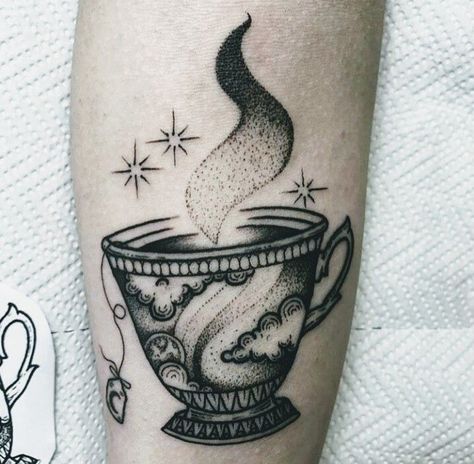 Tea cup tattoo Teacup Tattoo Design, Tea Cup Tattoo Design, Tea Cup Tattoos, Cup Tattoo Design, Cup Of Coffee Tattoo, Small Blackwork Tattoo, Tea Tattoo Ideas, Tea Tattoos, Cup Of Tea Tattoo