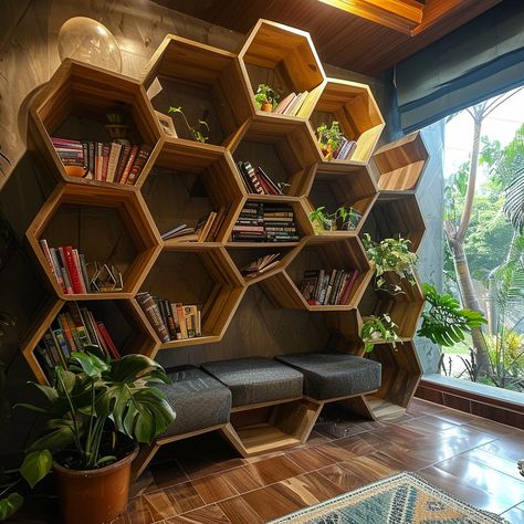 Introducing our hexagonal biophilic bookshelf: a sustainable, modular design inspired by nature. Crafted with organic geometry and earthy tones, it offers versatile storage while bringing the outdoors in, creating a tranquil and harmonious space. Conceptual AI Art Follow @ecosapiens for more! Outdoor Library Ideas, Library Design Interior, Organic Bookshelf, Modular Bookshelf, Organic Geometry, Design Inspired By Nature, Library Design, Modular Design, Commercial Design