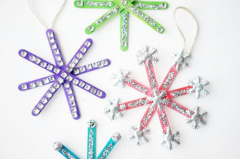 Popsicle Stick Snowflake Ornaments, Popsicle Stick Ornaments, Popsicle Stick Snowflake, Popsicle Stick Christmas Crafts, Stick Christmas Tree, Handprint Ornaments, Crafts For Teens To Make, Unicorn Ornaments, Kids Christmas Ornaments