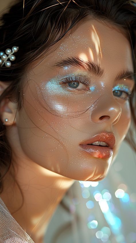 Magical Makeup Looks, Firefly Makeup, Water Inspired Makeup, Galaxy Makeup Looks, Mermaid Inspired Makeup, Ocean Makeup, Light Blue Eyeshadow, Cosmic Makeup, Trendy Eye Makeup