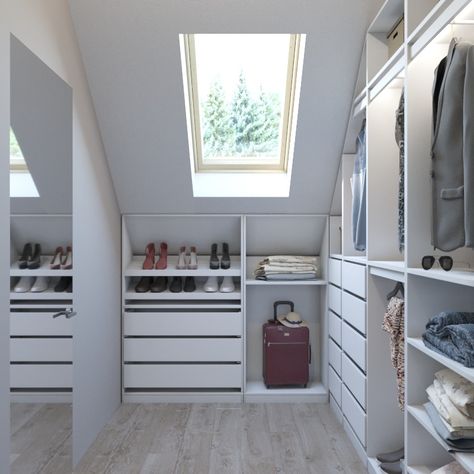 Walk In Wardrobe Slanted Roof, Small Walk In Closet Ideas Slanted Roof, Attic Walk In Wardrobe, Attic Walk In Closet, Slanted Roof Bedroom, Slanted Ceiling Closet, Diy Built In Wardrobes, Loft Closet, Small Dressing Rooms