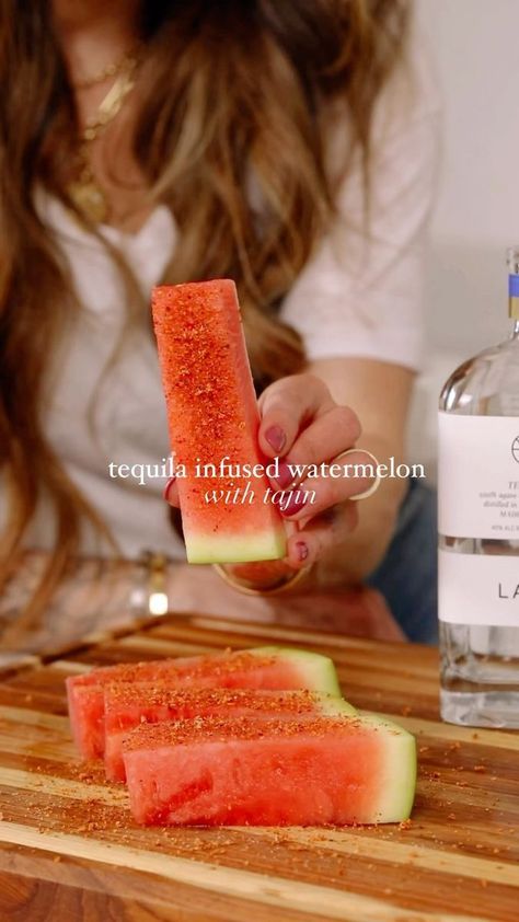 TEQUILA-INFUSED WATERMELON STICKS, with tajin, of course ☺️🍉 Summer is around the corner and these are so fun! Cut your watermelon into sticks—see my previous post for the tutorial! Place watermelon sticks in a container. Add 1/2 cup tequila of choice (I love @lalospirits) and refrigerate for 45 minutes. Drain the tequila liquid—don’t throw it away, drink it! And now sprinkle the watermelon with @tajinusa and enjoy! #tajin #tequila #watermelon #cocktails #summercocktails #easyrecipes #waterme Watermelon And Tequila, Watermelon Tequila Soaked, Tequila Watermelon Slices, Watermelon With Tajin, Tajin Watermelon, Tequila Soaked Watermelon, Watermelon Alcohol, Tequila Watermelon, Watermelon Cocktails