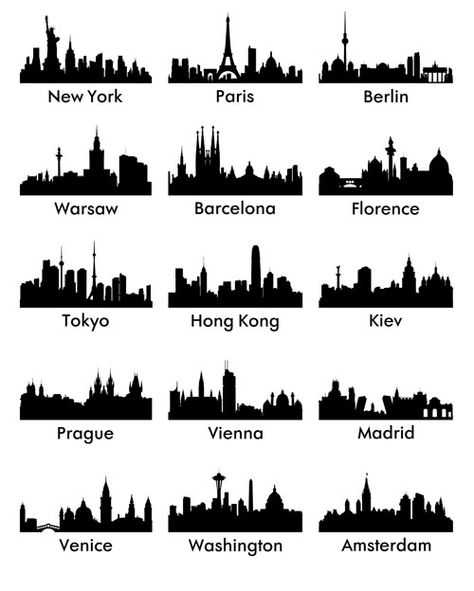 World famous cities silhouettes vector set 03 City Skyline Silhouette, Skyline Painting, Skyline Silhouette, City Vector, Siluete Umane, New York Poster, City Silhouette, Seni Cat Air, 수채화 그림