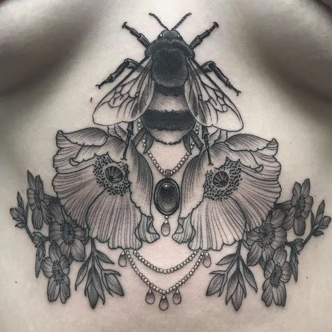 Bee Tattoo Chest, Bee Chest Tattoo Female, Bee Chest Tattoo, Bee Sternum Tattoo, Bumble Bee Tattoo, Torso Tattoos, Insect Tattoo, Skeleton Tattoos, Sunflower Tattoos