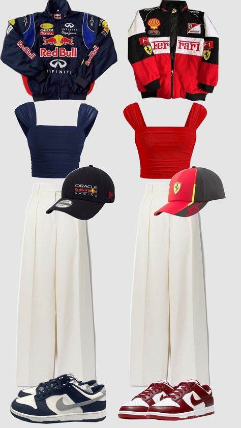 matching outfit #f1 #ferrari #redbull #checoperez #maxverstappen #carlossainz #charlesleclerc Mercedes F1 Outfit Women, Ferrari Racing Jacket Outfit, Racing Inspired Outfit, Monaco F1 Outfit, Grand Prix Outfit Ideas, Raceway Outfit, Car Racing Outfit For Women, Redbull Outfits, Formula 1 Clothes