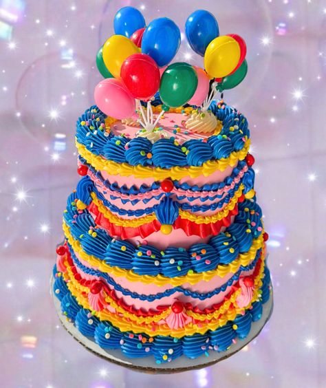 Clown Cakes Birthdays, Primary Color Cake, 90s Birthday Cake, Clown Birthday Cake, 1980s Cake, Cute Cake Decorating, Balloon Birthday Cake, Birthday Cake Balloons, Cake Decorating Birthday