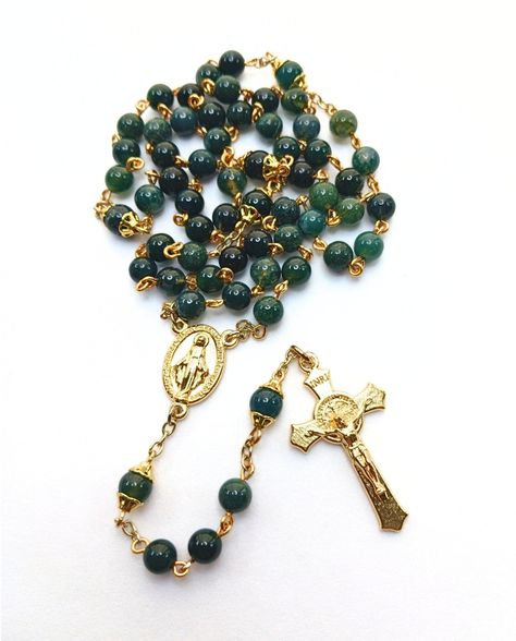 Green Rosary, Praying The Rosary, Saint Benedict, Miraculous Medal, Green Agate, Prayer Cards, First Communion, Prayer Beads, Bead Caps