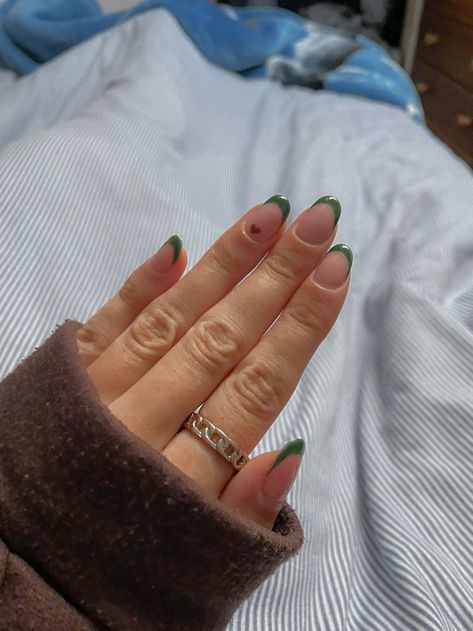 Green And Brown French Tips, Green French Tip Nails With Heart, Green French Tip Short Nails, French Tip Nails With Brown, Gigi Hadid Purple, Short Green French Tip Nails, Pink French Aesthetic, Green French Tip Nails Short, Olive Green French Tip Nails