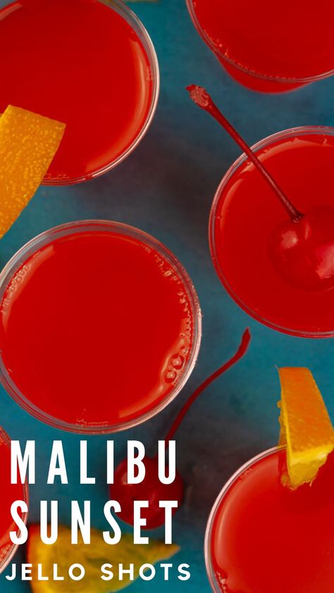 malibu rum sunset jello shots recipe Jello Shots With Rum Chata, Malibu Rum Jello Shots Recipes, Malibu Rum Jello Shots, Shots With Coconut Rum, Summer Jello Shots, Malibu Jello Shots, Orange Jello Shots, Cherry Jello Shots, Rum Jello Shots