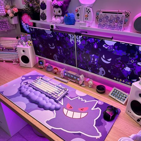 I brought my gengar deskmat back out! Just in time for spooky season 😈👻 Hope youre all having a great week so far! ✨ ⋅˚₊‧ ‧₊˚ ⋅⋅˚₊‧ ‧₊˚ ⋅⋅˚₊‧ ‧₊˚ ⋅ #cozygaming #cozygamer #gaming #gamingsetup #cozygamingsetup #pokemon #gengar Pokemon Gaming Setup, Anime Desk Ideas, Gaming Set Up, Kuromi Room, Streaming Room, Pokemon Aesthetic, Manga Shelf, Anime Desk, Simple Anime