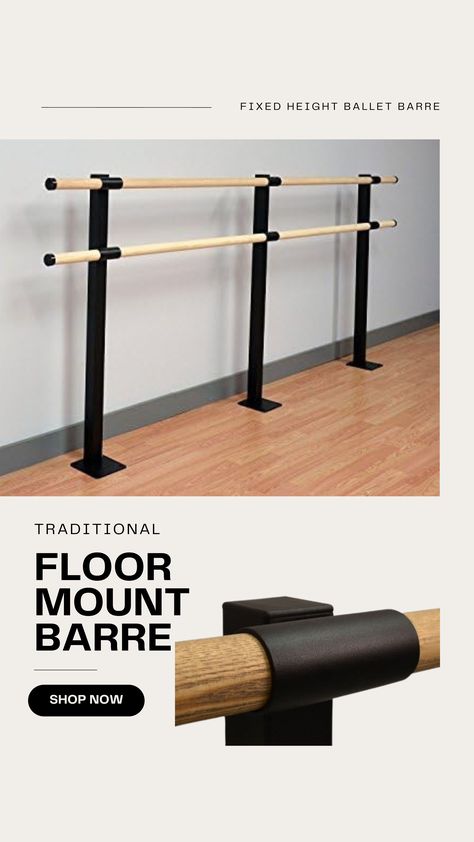 1.5" Diameter Hardwood Ash Barre, Sanded Smooth, Finish Ready The Height of the Barres is Set at 30" and 42" from Floor Surface Made in USA - 10 Year Warranty Perfect for commercial and home use for ballet/dance Longer length barre systems over 8' ship in multiple barre sections. **Get yours on Amazon! #commissionsearned Barre Studio, Ballet Barre, Gym Design, Ballet Dance, In The Heights, Gym, Ballet, Flooring, Interior Design