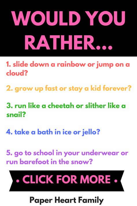 Make the most of your next family game night, road trip, classroom free time or family dinner time with these funny would you rather questions for kids. These are great conversation starters to get your kids thinking critically and laughing too! #funnyjokes #family Silly Questions To Ask, Funny Would You Rather, Thinking Critically, Conversation Starters For Kids, Questions For Kids, Night Road, Kids Questions, Rather Questions, Would You Rather Questions