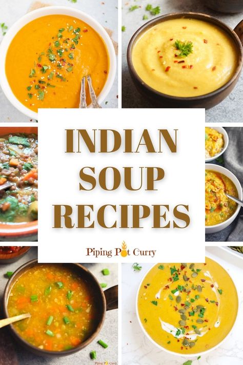 Looking for cozy Indian soups to start your meal? Here are 10 Indian Soup Recipes made with wonderful spices to warm you up. This collection of soups includes vegan, vegetarian and chicken soups | pipingpotcurry.com Vegan Indian Food Recipes, Indian Soup Recipes, Fall Soups Crockpot, Red Lentil Curry Soup, Indian Tomato Soup, Soup Indian, Indian Lentil Soup, Veg Soup Recipes, Soup Recipes Healthy