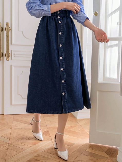 Women's Denim A-Line Riveted Button Skirt Dark Wash Casual   Denim Plain A Line Non-Stretch Spring/Fall Women Clothing, size features are:Bust: ,Length: ,Sleeve Length: Denim Pleated Skirt, Denim Skirt Outfits, Button Skirt, Denim Skirt Women, Denim Skirts, Elegant Dresses Long, Dark Jeans, Black Party, Casual Denim