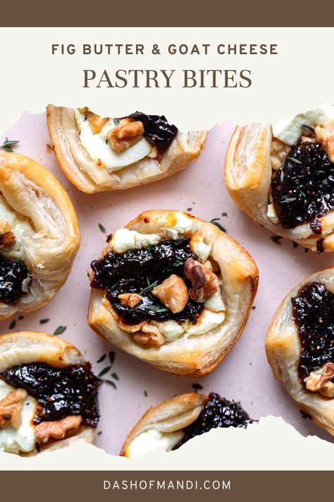 fig butter bites with goat cheese and walnuts Goat Cheese Fig Jam, Easy Holiday Snacks, Fig Appetizer, Fig Butter, Finger Snacks, Butter Bites, Fluffy Puff, Goat Cheese Appetizer, Holiday Snack