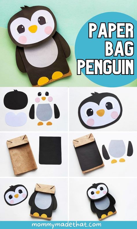 Super cute penguin craft from a paper bag! This adorable kids craft is perfect for winter for preschool or younger kids and great for an arcitic animal activity. Penguin Paper Bag Puppet, Paper Bag Puppet Ideas, Paper Puppets Diy, Paper Bag Puppets Printable Free, Paper Bag Puppets For Kids, Paper Puppets Printable, Puppet Paper Bag, Paper Bag Crafts For Kids, Penguin Craft For Kids