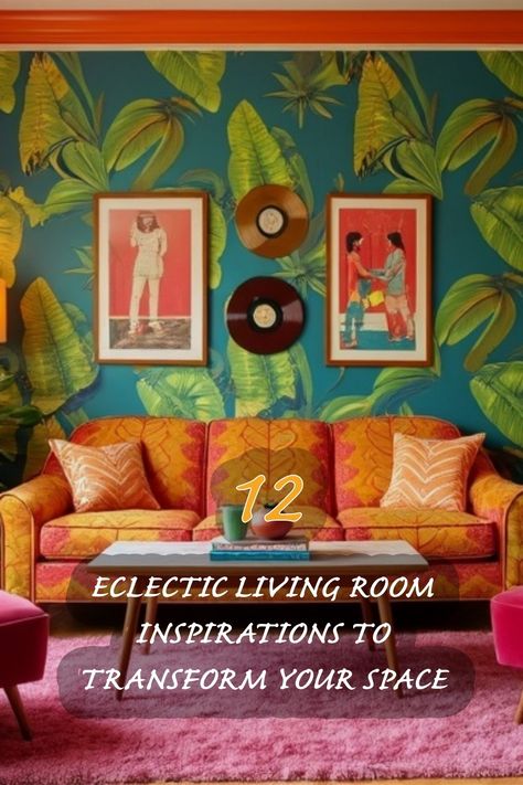 I absolutely adore this eclectic living room! The bold tropical wallpaper paired with the retro decor invites warmth and personality into the space. The vibrant colors of the sofa and artwork create a unique focal point that makes a statement. If you're looking to transform your home into a lively haven, take notes from this design! Minimalist Eclectic Living Room, Tropical Interior Design Living Rooms, Contemporary Eclectic Living Room, Eclectic Living Room Design, Eclectic Living, Living Room Design Ideas, Traditional Dining Room, Eclectic Living Room, Tropical Wallpaper